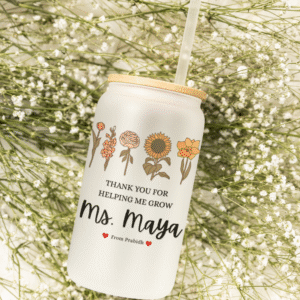 Custom teacher appreciation glass can cup with bamboo lid and straw