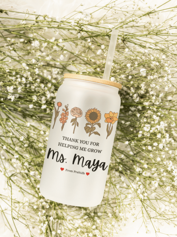 Custom teacher appreciation glass can cup with bamboo lid and straw