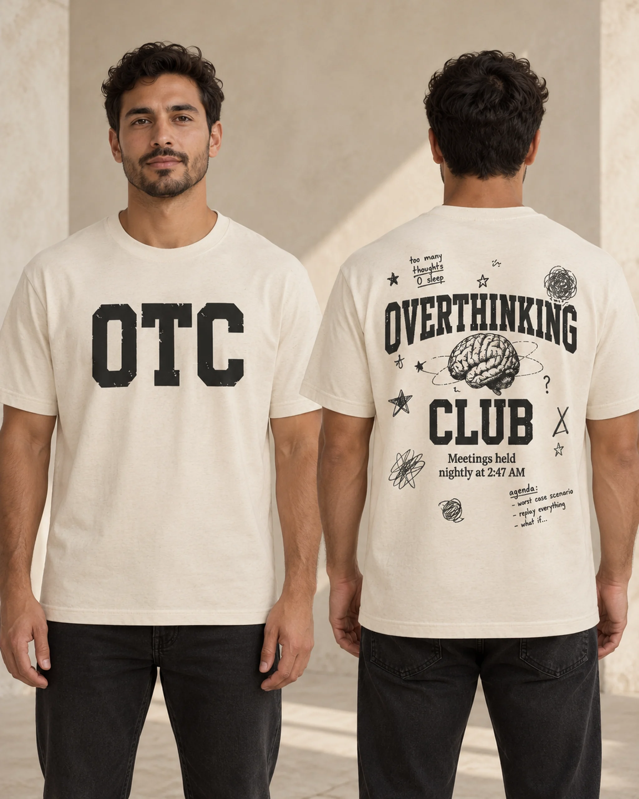 Overthinking Club men's T-shirt in Natural Raw, front and back view