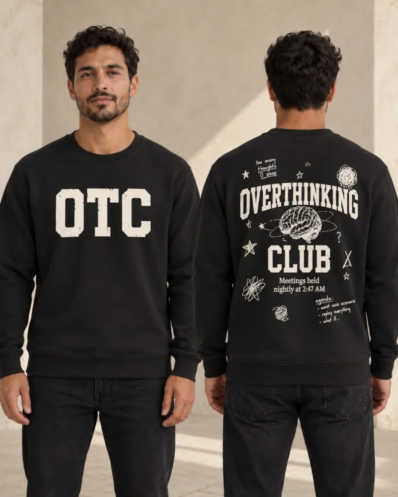 Overthinking Club men's crewneck in Black, front and back view