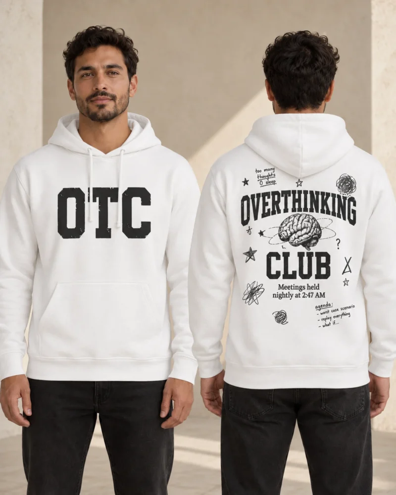Overthinking Club men's hoodie in White, front and back view