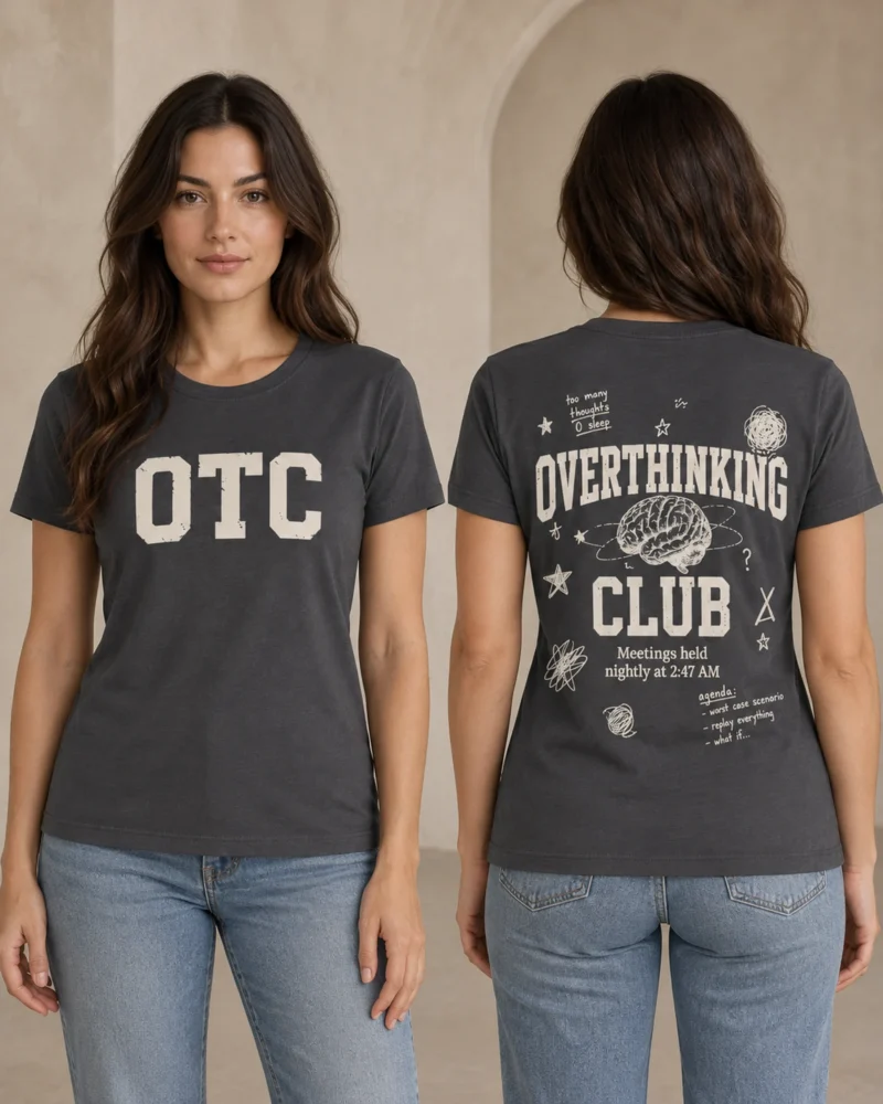 Overthinking Club women's T-shirt in Anthracite, front and back view