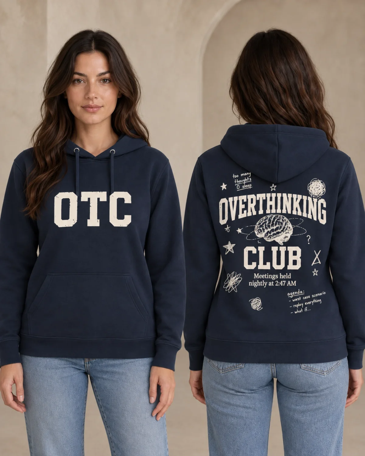 Overthinking Club women's hoodie in French Navy, front and back view