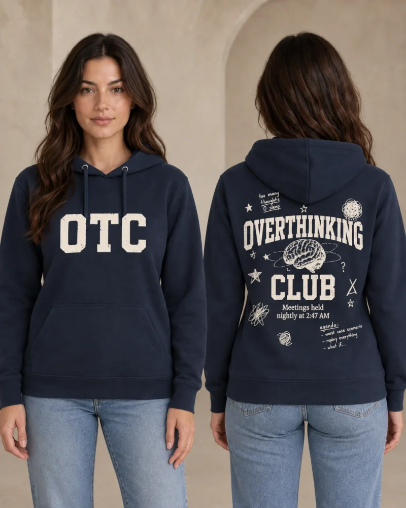 Overthinking Club women's hoodie in French Navy, front and back view