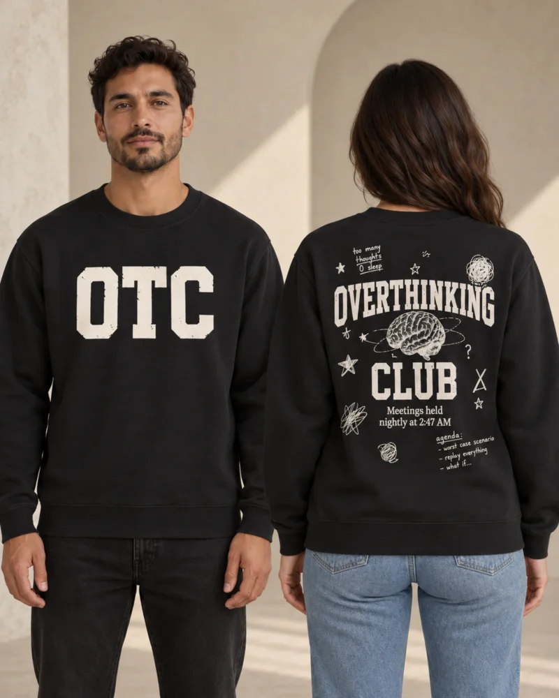 Overthinking Club unisex crewneck in Black, front and back view