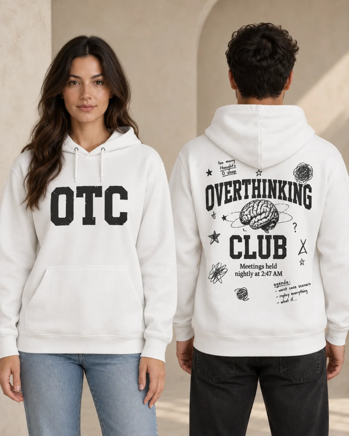 Overthinking Club unisex hoodie in White, front and back view