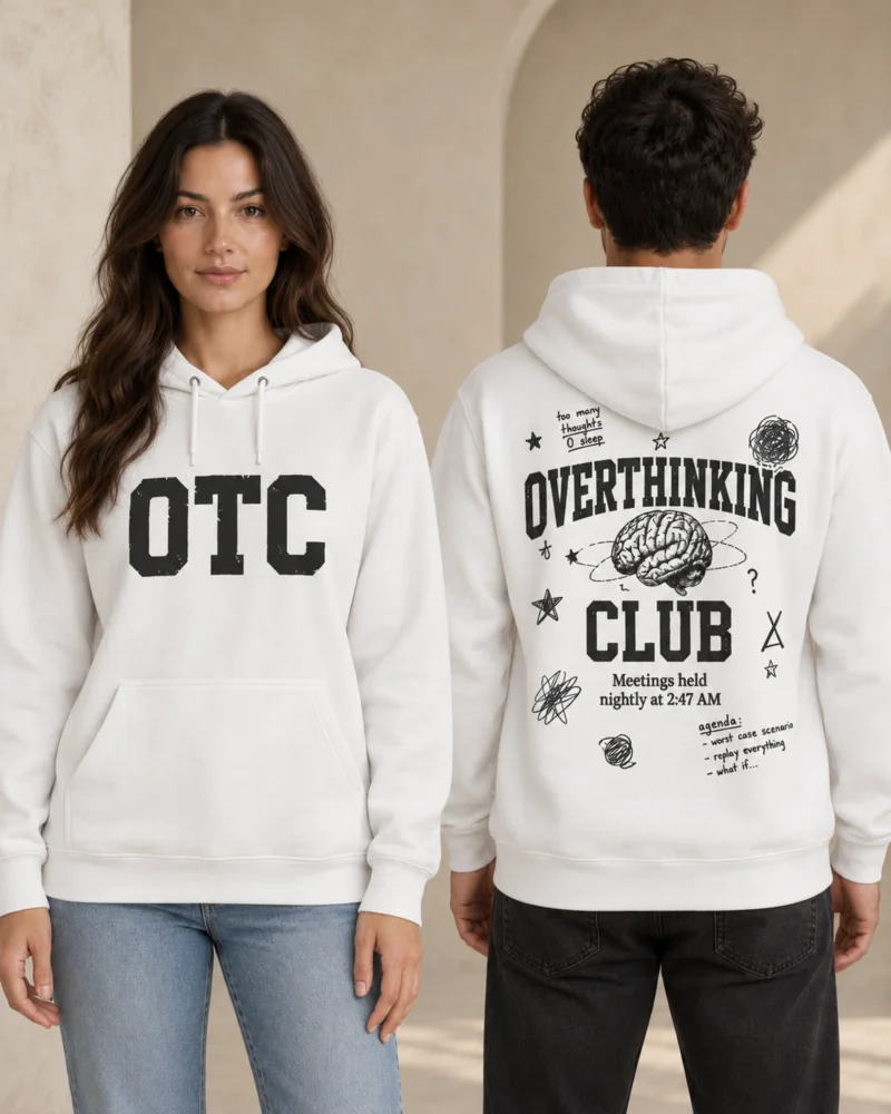 Overthinking Club unisex hoodie in White, front and back view