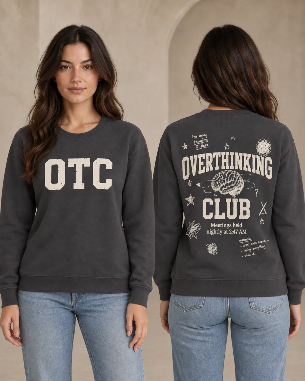 Overthinking Club women's crewneck in Anthracite, front and back view