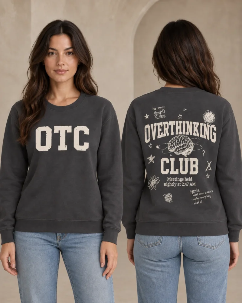 Overthinking Club women's crewneck in Anthracite, front and back view