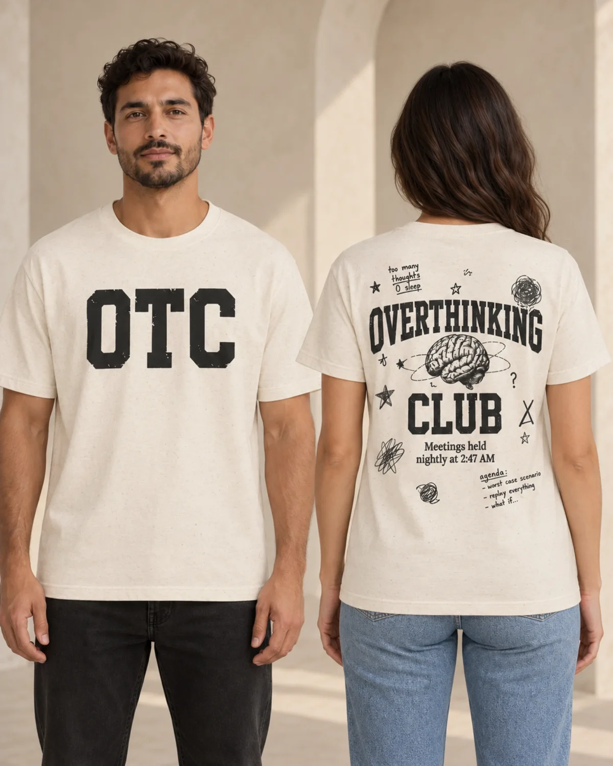 Overthinking Club unisex T-shirt in Natural Raw, front and back view