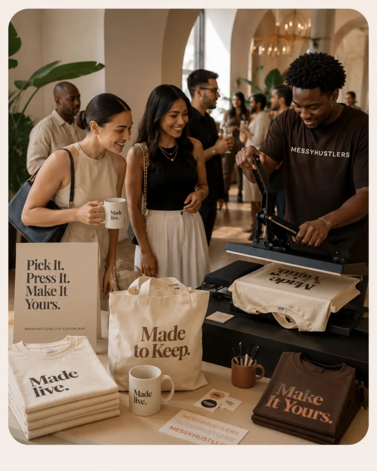 Guests watching a MessyHustlers team member create custom merchandise live at an event.
