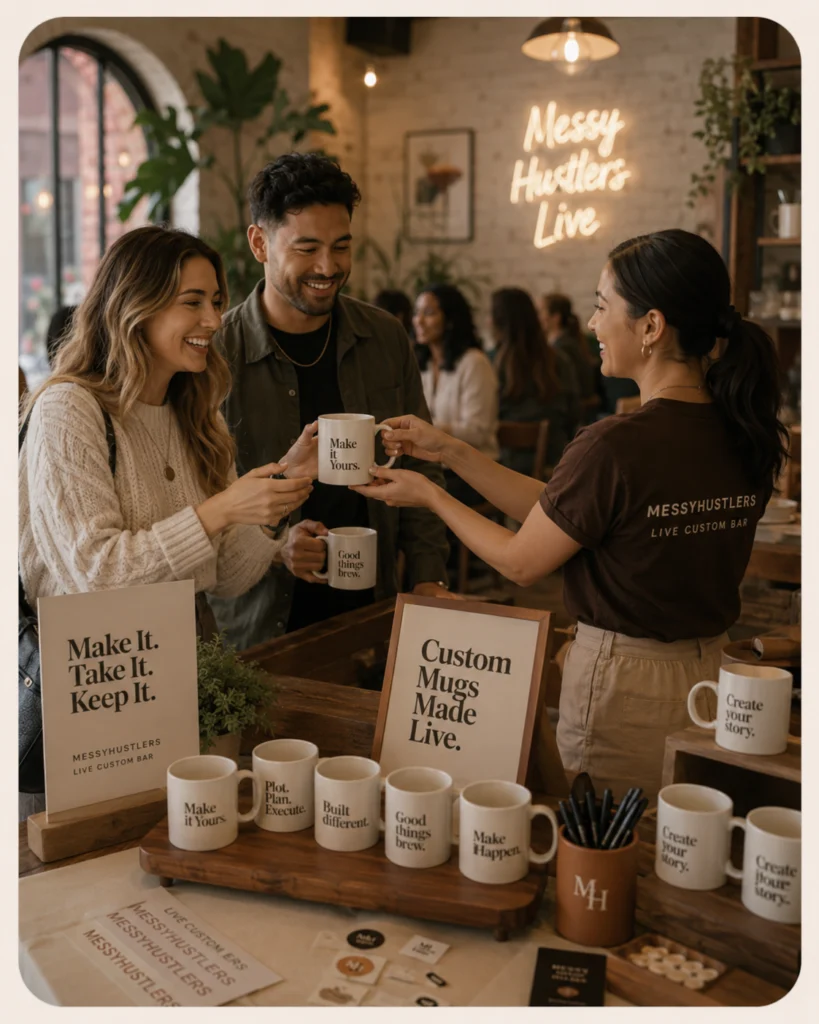 Guest receiving a personalized mug created at the MessyHustlers Live Custom Bar.