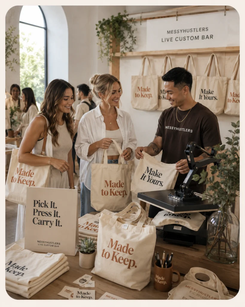 Guests selecting personalized tote bags at a MessyHustlers Live Custom Bar event.