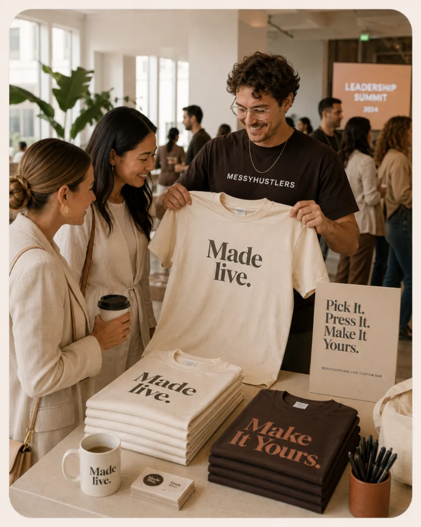 Guests selecting a design during a MessyHustlers live custom printing experience.