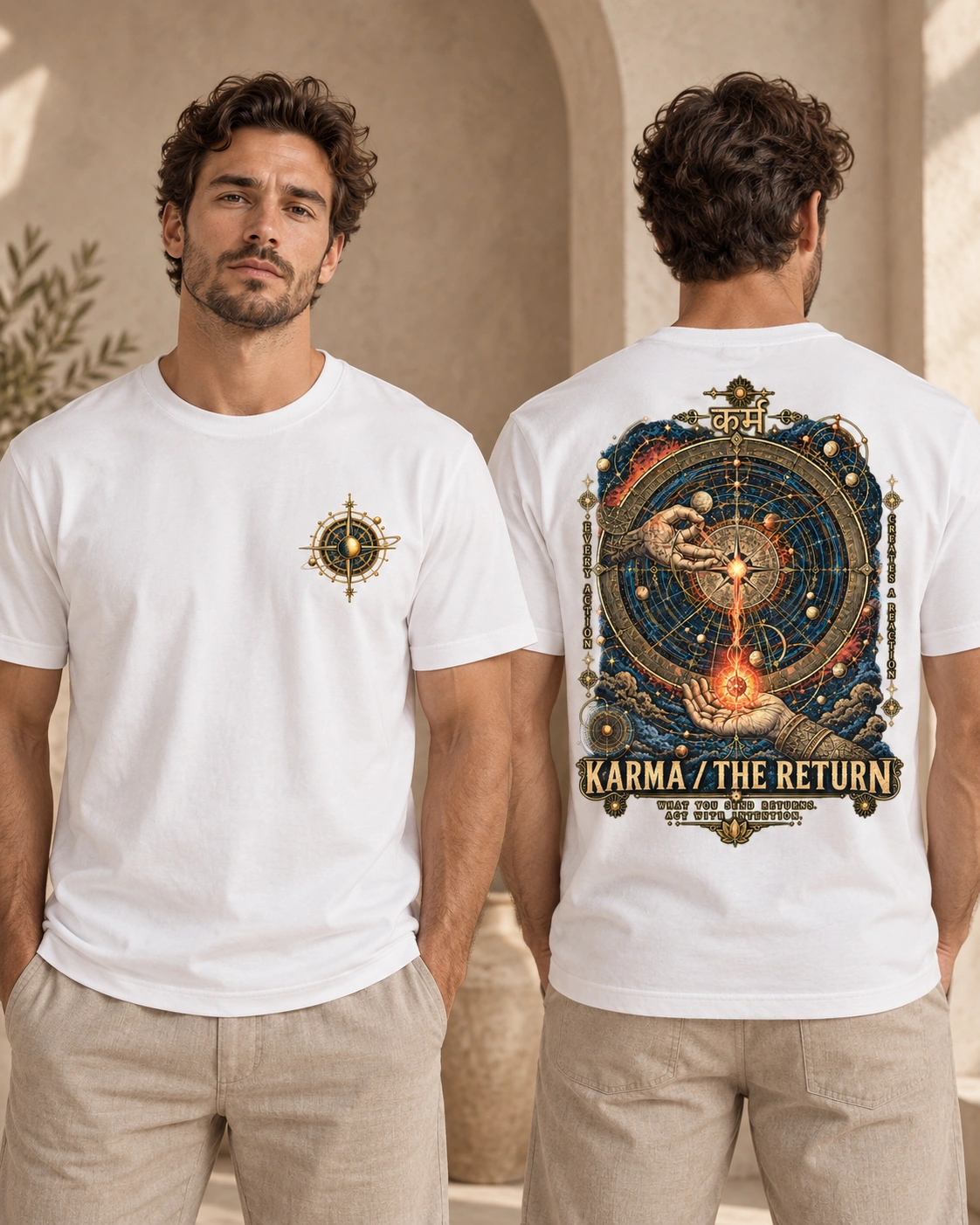 Karma — The Return men's T-shirt in White, front and back view