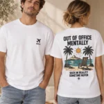 Out of Office Mentally unisex T-shirt in White, front and back view