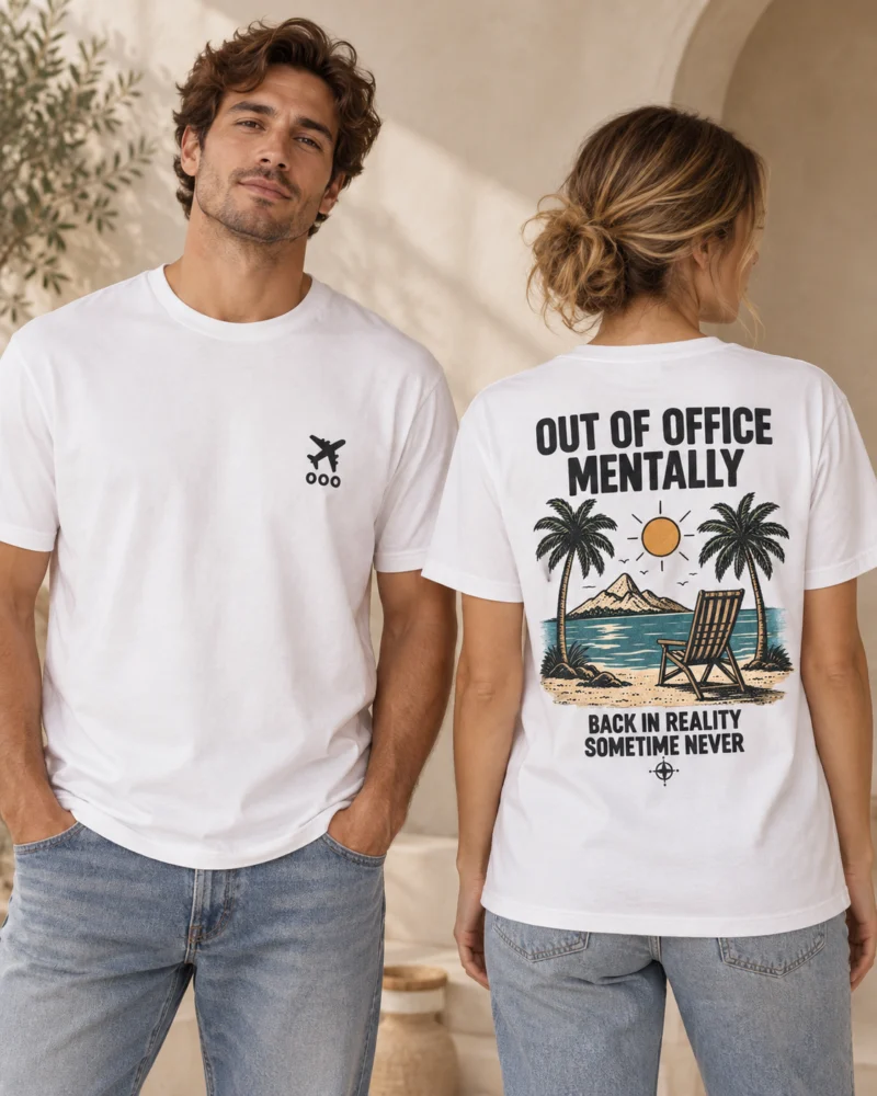 Out of Office Mentally unisex T-shirt in White, front and back view