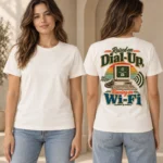 Raised on Dial-Up, Running on Wi-Fi women’s T-shirt in Natural Raw, blank front and retro back graphic