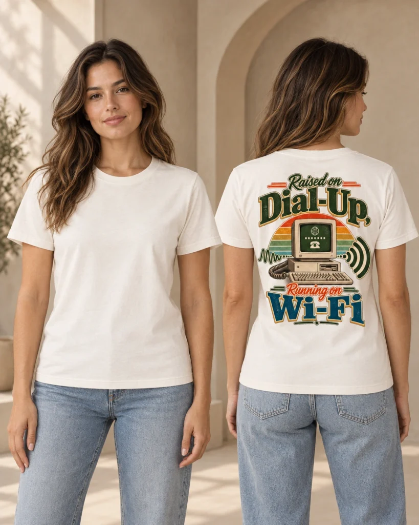 Raised on Dial-Up, Running on Wi-Fi women’s T-shirt in Natural Raw, blank front and retro back graphic