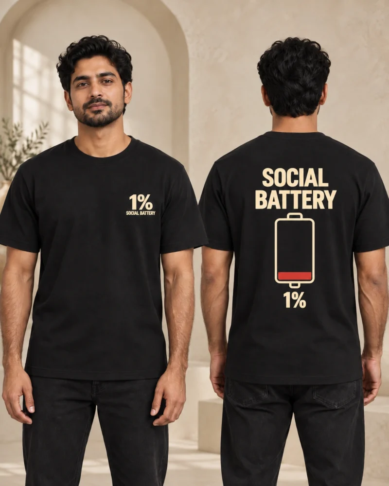 Social Battery graphic T-shirt in Black, shown from the front and back.