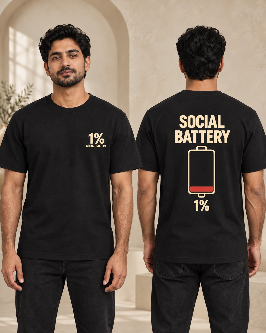MessyHustlers Social Battery men's t-shirt, black, front and back view