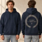 Stillness Is a Form of Power back print on a French Navy unisex relaxed hoodie, front and back model views