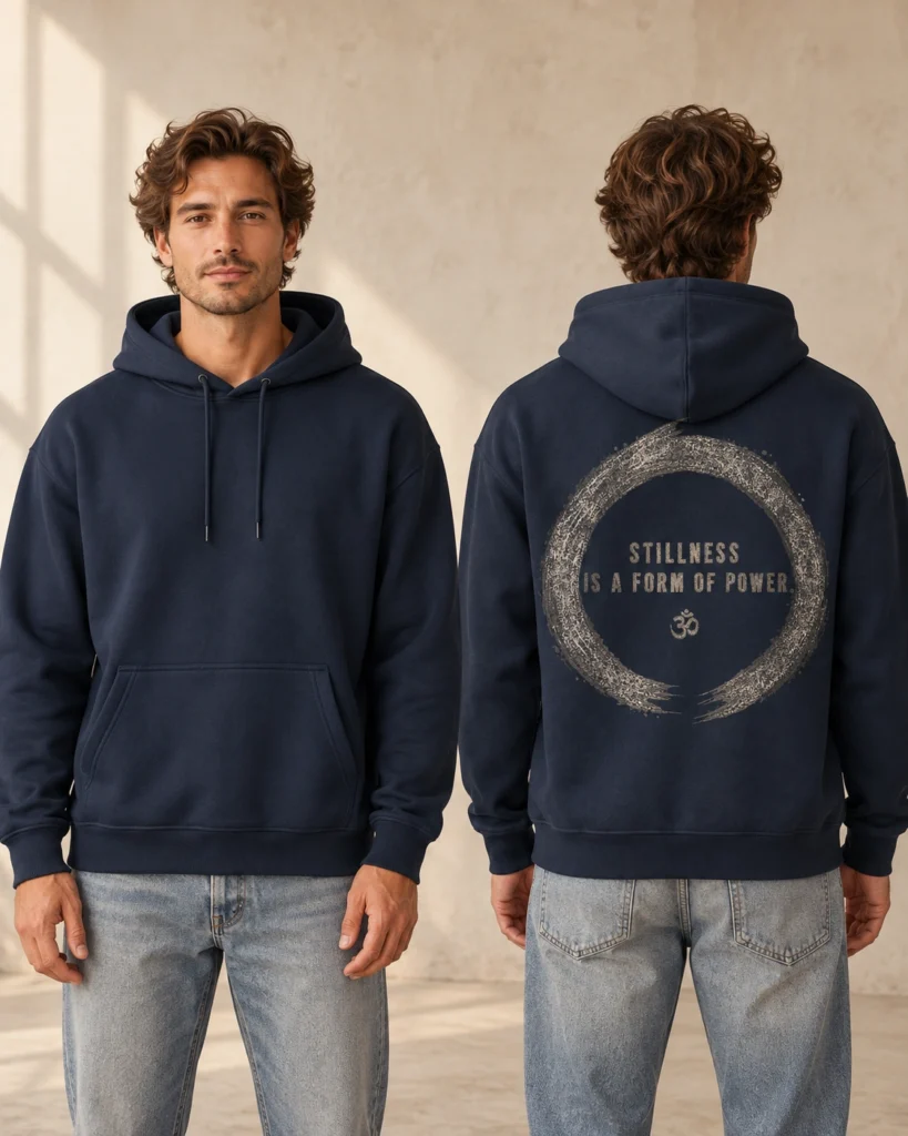 Stillness Is a Form of Power back print on a French Navy unisex relaxed hoodie, front and back model views
