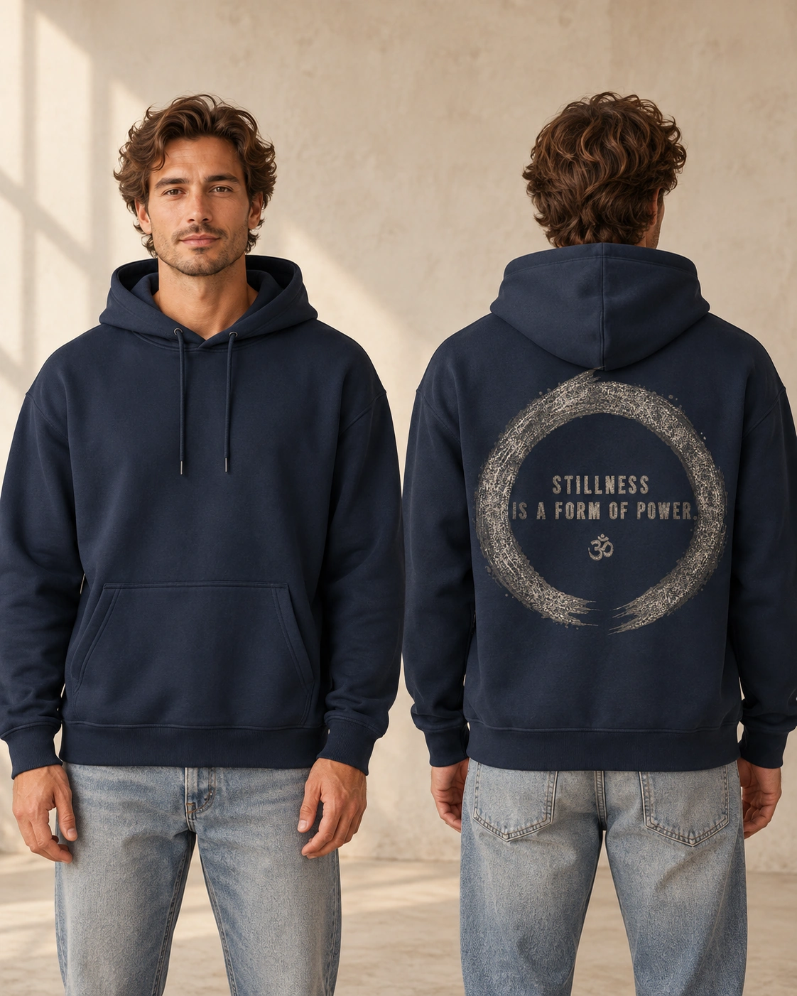 Stillness Is a Form of Power back print on a French Navy unisex relaxed hoodie, front and back model views