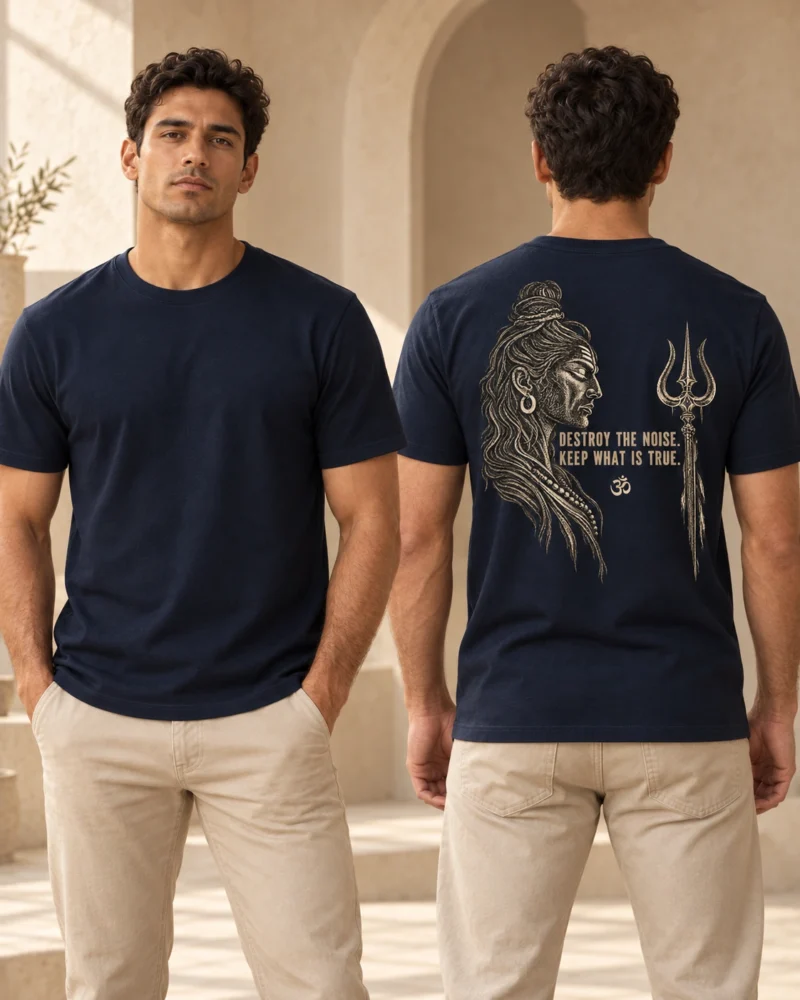 Destroy the Noise men's T-shirt in French Navy, front and back view