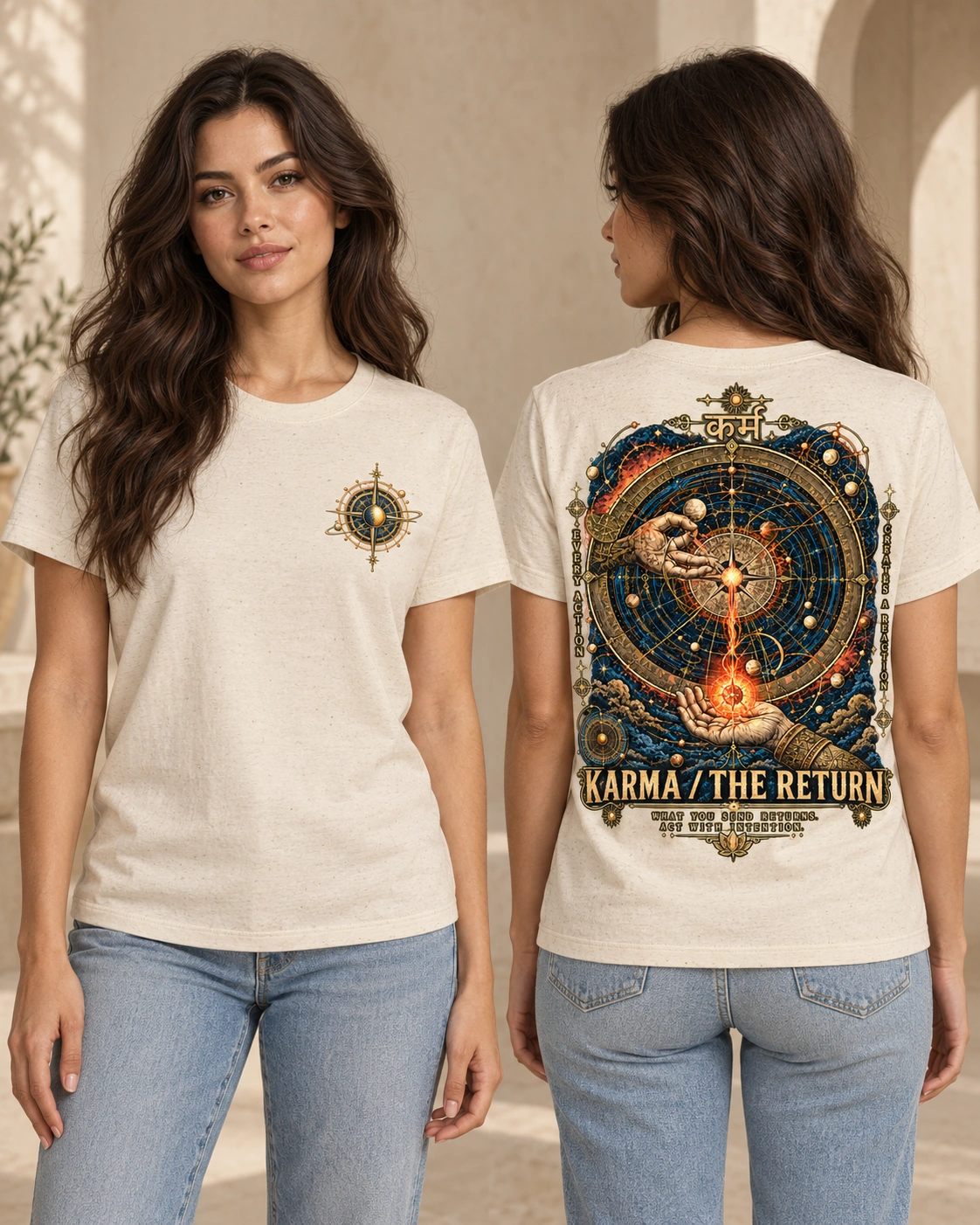 Karma — The Return women's T-shirt in Natural Raw, front and back view