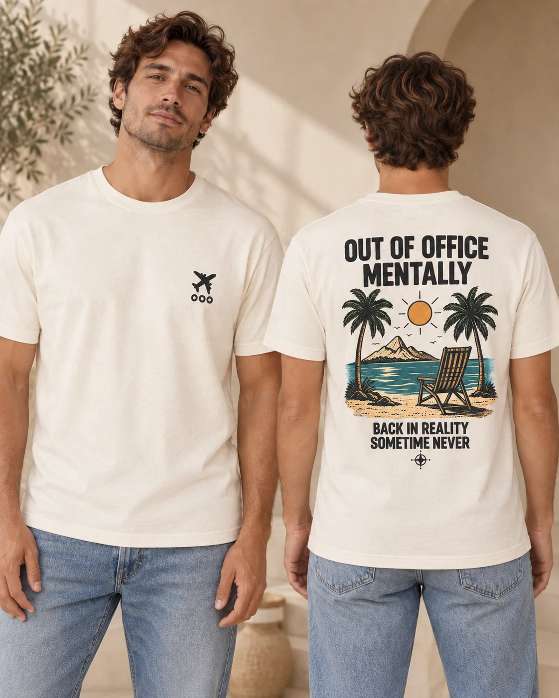 Out of Office Mentally men's T-shirt in Natural Raw, front and back view
