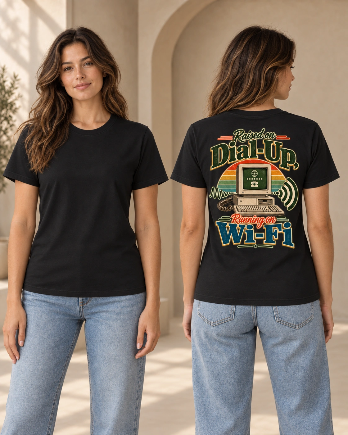 Raised on Dial-Up, Running on Wi-Fi women’s T-shirt in Black, blank front and retro back print