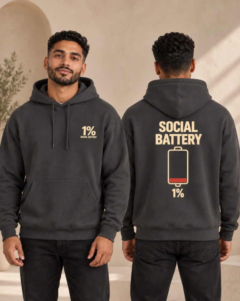 MessyHustlers Social Battery men's hoodie, anthracite, front and back view