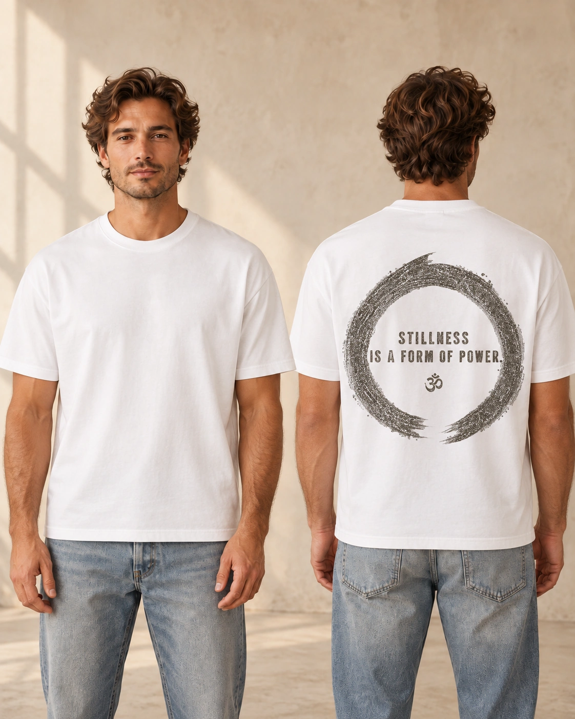 Stillness Is a Form of Power back print on a White men’s medium fit T-shirt, front and back model views