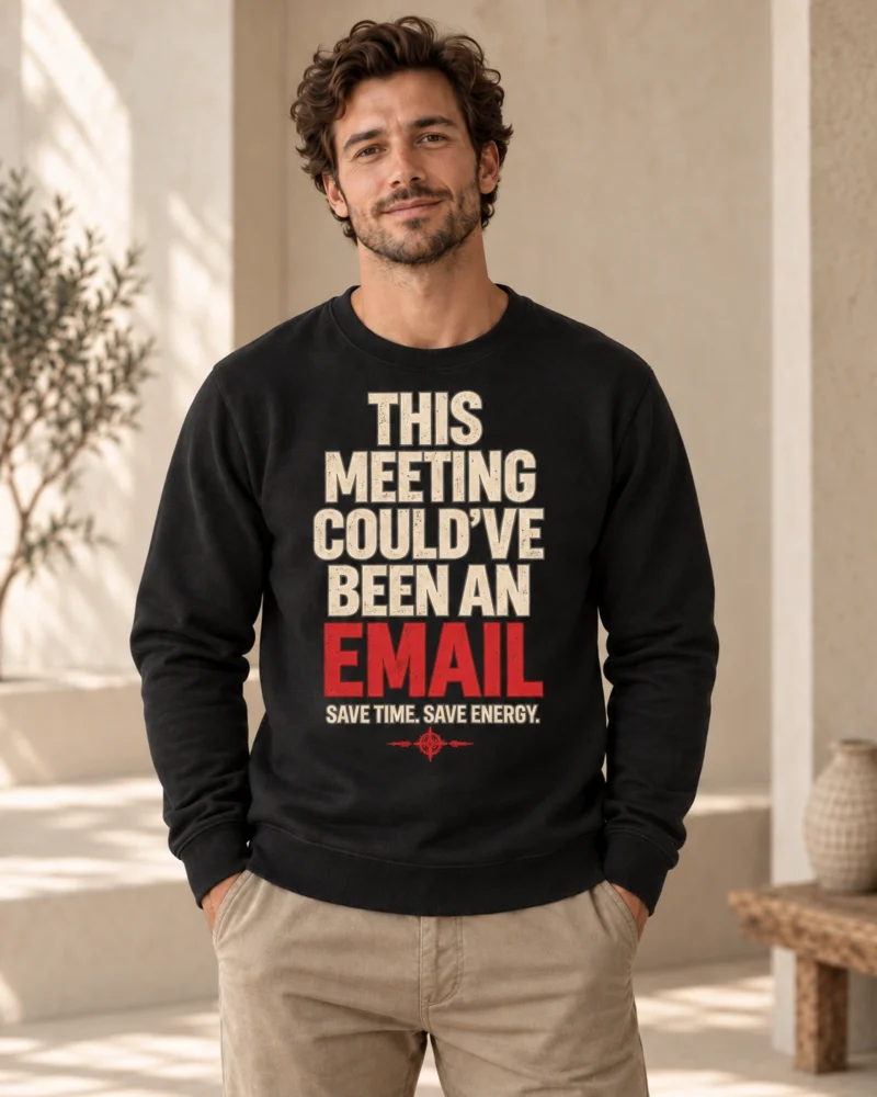 Man wearing black This Meeting Could’ve Been an Email crewneck sweatshirt