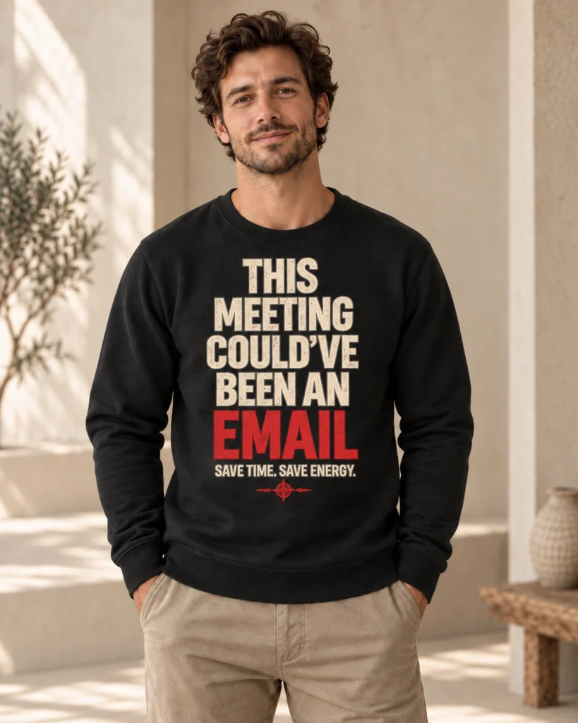 Man wearing black This Meeting Could’ve Been an Email crewneck sweatshirt