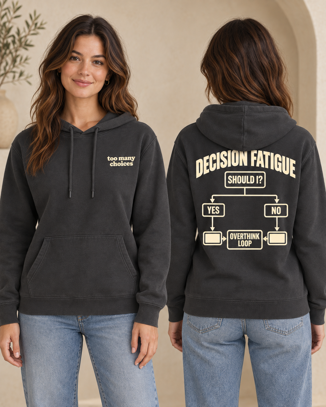 Decision Fatigue front view, back view, hoodie, anthracite