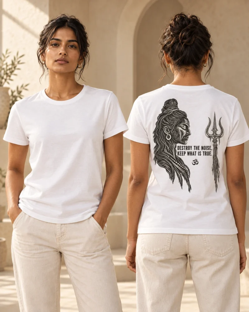 Destroy the Noise women's T-shirt in White, front and back view