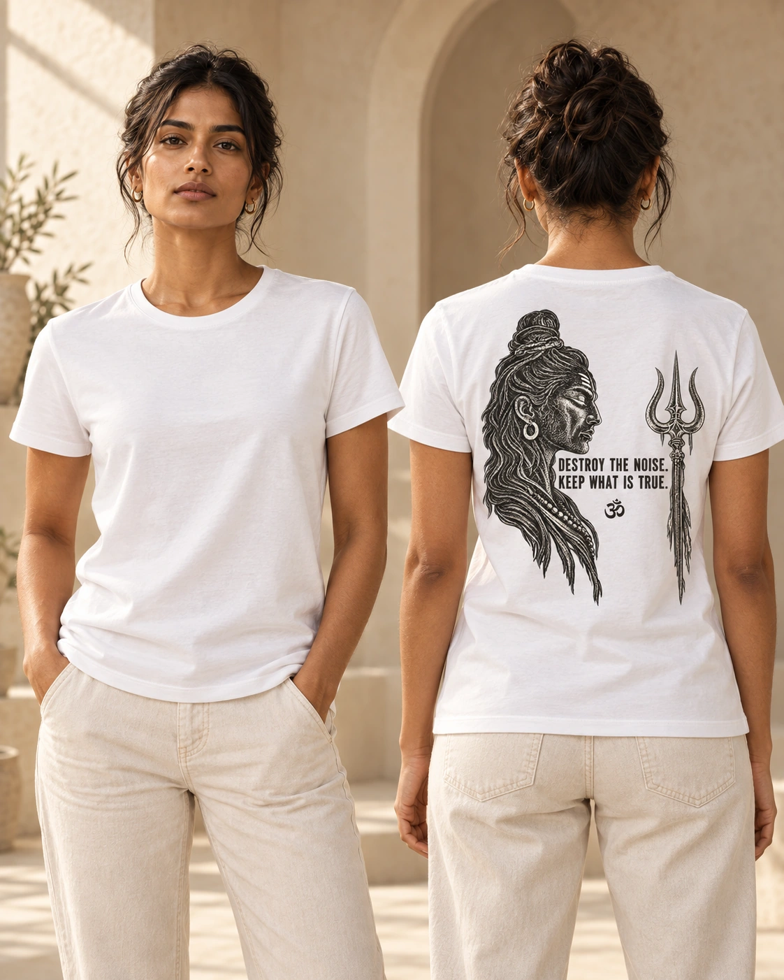 Destroy the Noise women's T-shirt in White, front and back view