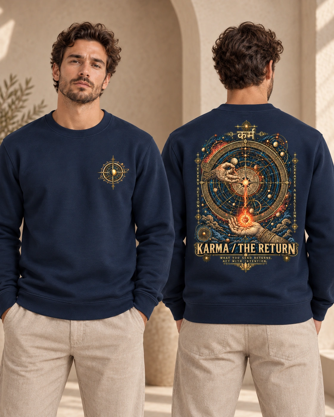 Karma — The Return men's crewneck in French Navy, front and back view