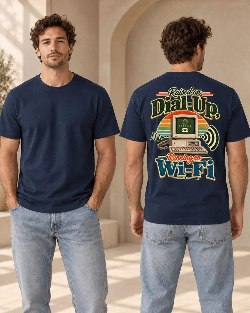 Raised on Dial-Up, Running on Wi-Fi unisex relaxed T-shirt in French Navy, blank front and retro back print