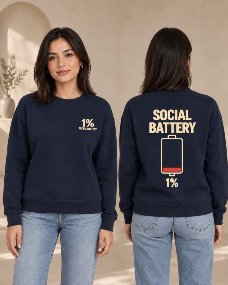 MessyHustlers Social Battery women's crewneck, French Navy, front and back view