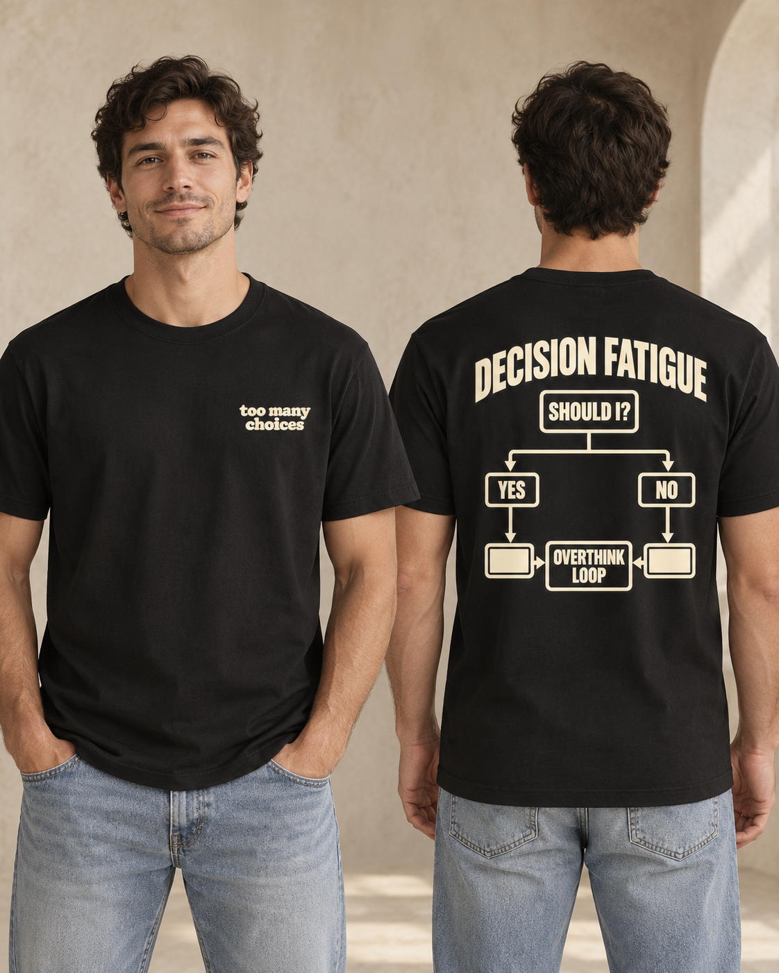Decision Fatigue front view, back view, t-shirt, black