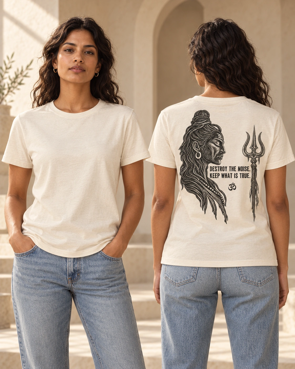 Destroy the Noise women's T-shirt in Natural Raw, front and back view