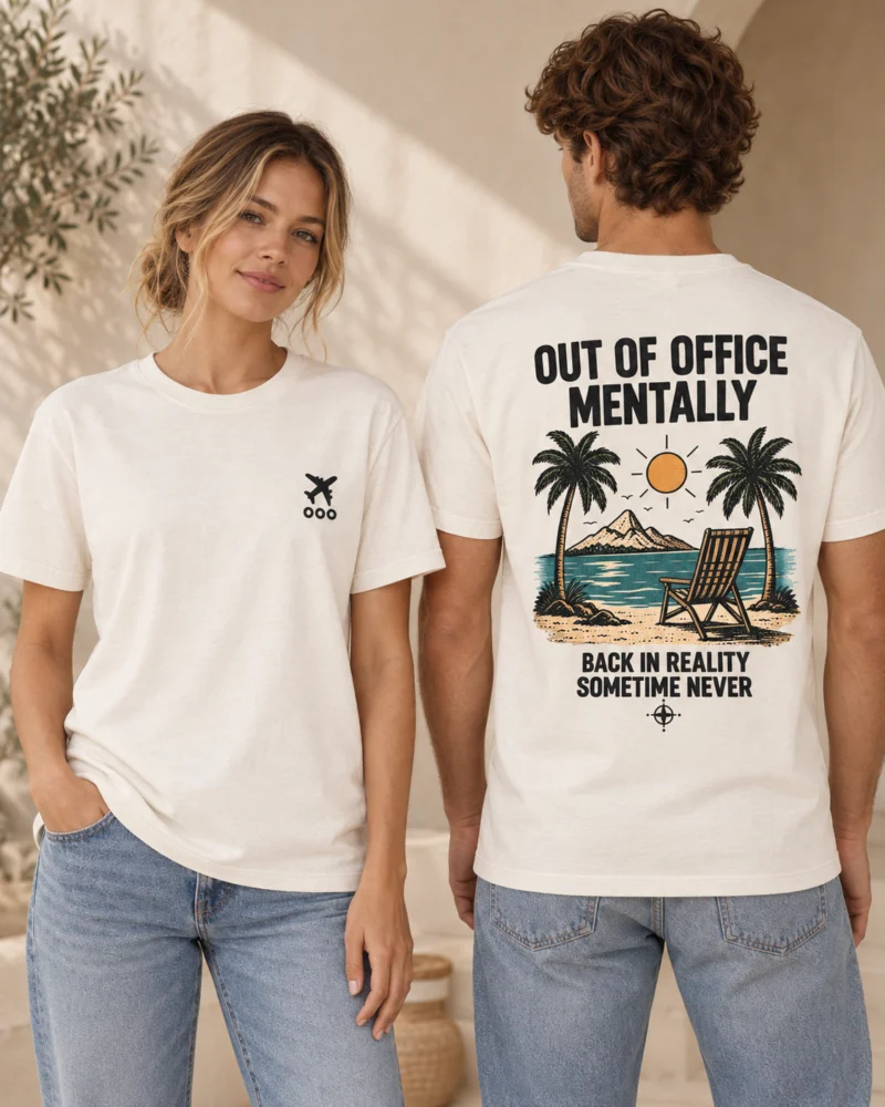 Out of Office Mentally unisex T-shirt in Natural Raw, front and back view