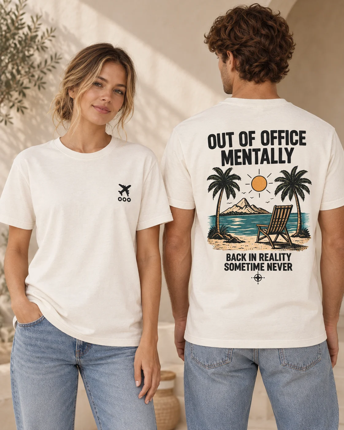 Out of Office Mentally unisex T-shirt in Natural Raw, front and back view