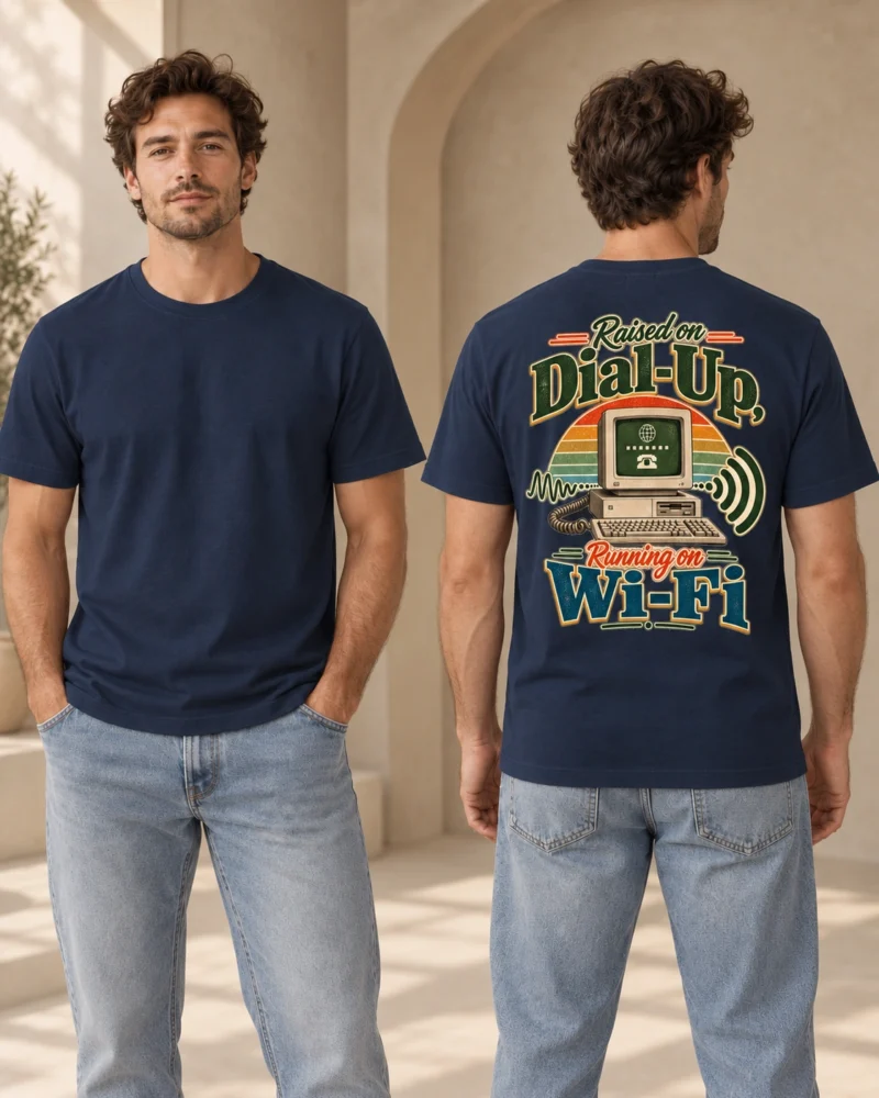 Raised on Dial-Up, Running on Wi-Fi alternate unisex relaxed T-shirt in French Navy, blank front and retro back print