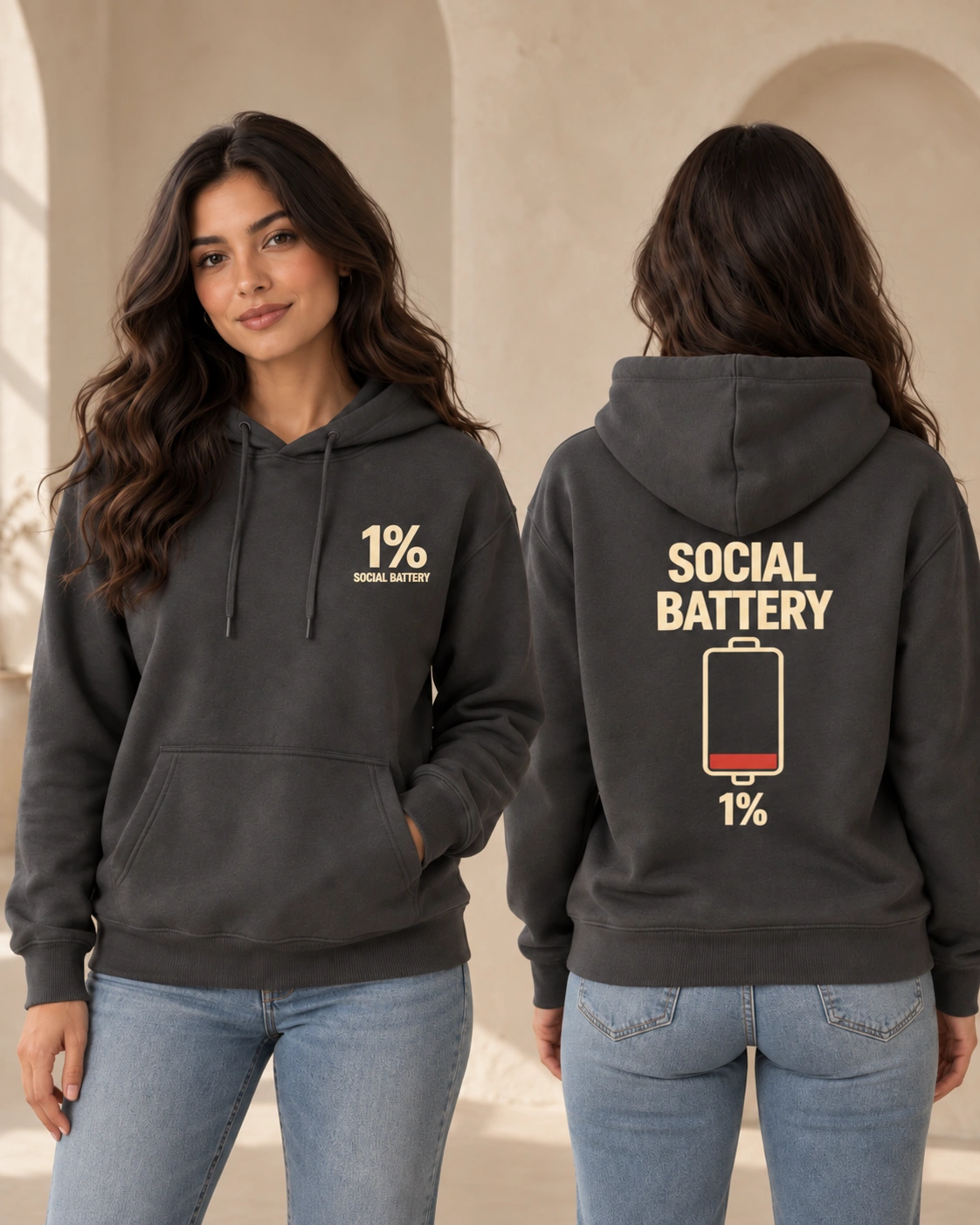 MessyHustlers Social Battery women's hoodie, anthracite, front and back view