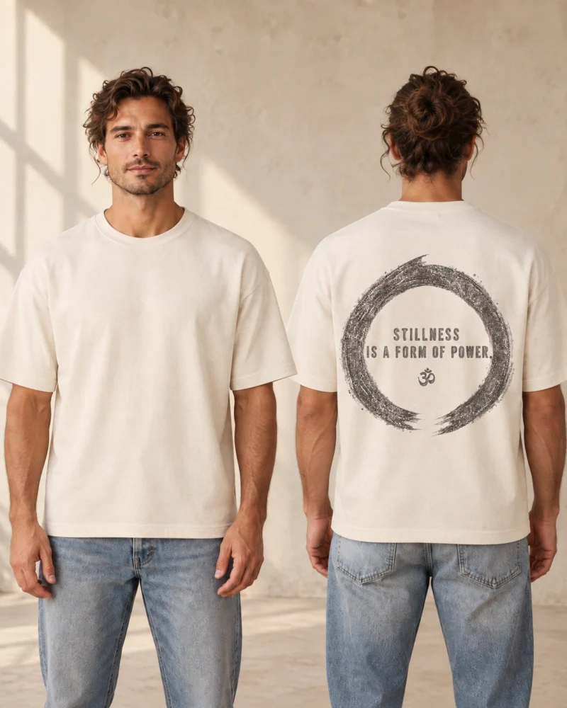Stillness Is a Form of Power back print on a Natural Raw unisex relaxed T-shirt, front and back model views