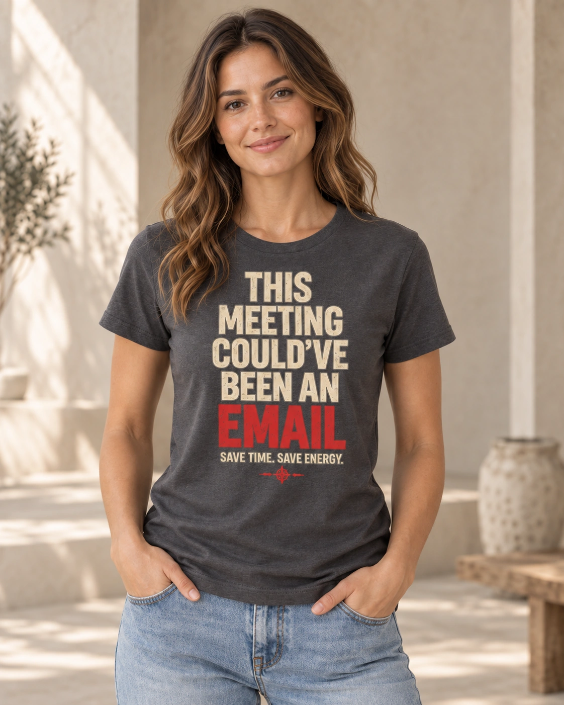 Woman wearing anthracite This Meeting Could’ve Been an Email T-shirt